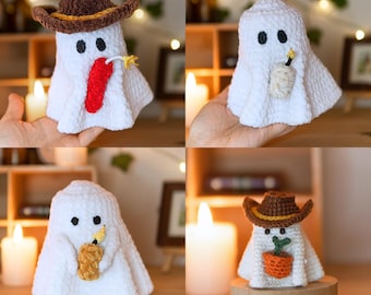 Crochet Cowboy Ghost PATTERN, Amigurumi Ghost plushie with accessories: Cowboy Hat, Plant, Dynamite and Candle, PDF pattern