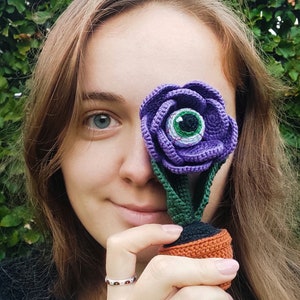 Puede incluir: Una flor de color morado hecha a crochet con un ojo verde en el centro. La flor se sostiene frente a la cara de una persona, cubriendo un ojo.