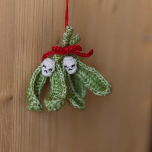 Pu&ograve; includere: Una decorazione di vischio all'uncinetto con un nastro rosso e facce bianche. Il vischio &egrave; verde e ha una forma tradizionale.