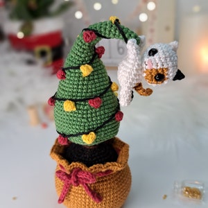 Crochet PATTERN Christmas Tree in a pot with a mini Cat, Amigurumi Christmas decoration, Mini Crochet Christmas tree PDF tutorial image 6