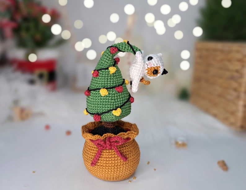 Crochet PATTERN Christmas Tree in a pot with a mini Cat, Amigurumi Christmas decoration, Mini Crochet Christmas tree PDF tutorial image 1