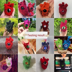 May include: A collection of crocheted heart-shaped amigurumi toys with various colors and eye designs. The hearts are displayed on a variety of surfaces, including books, a table, and a plant.