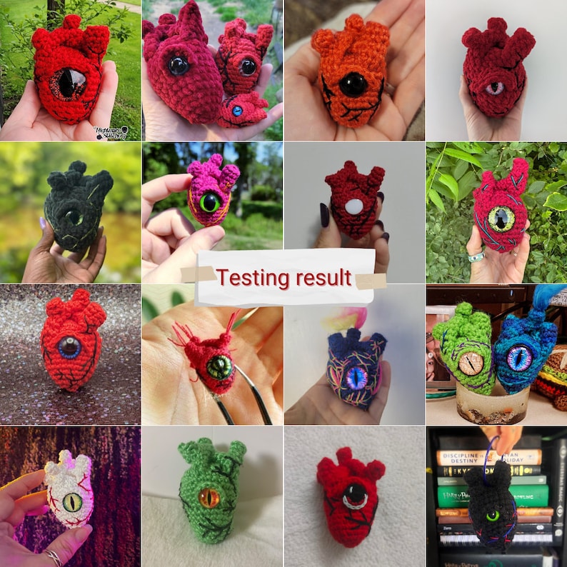 May include: A collection of crocheted heart-shaped amigurumi toys with various colors and eye designs. The hearts are displayed on a variety of surfaces, including books, a table, and a plant.