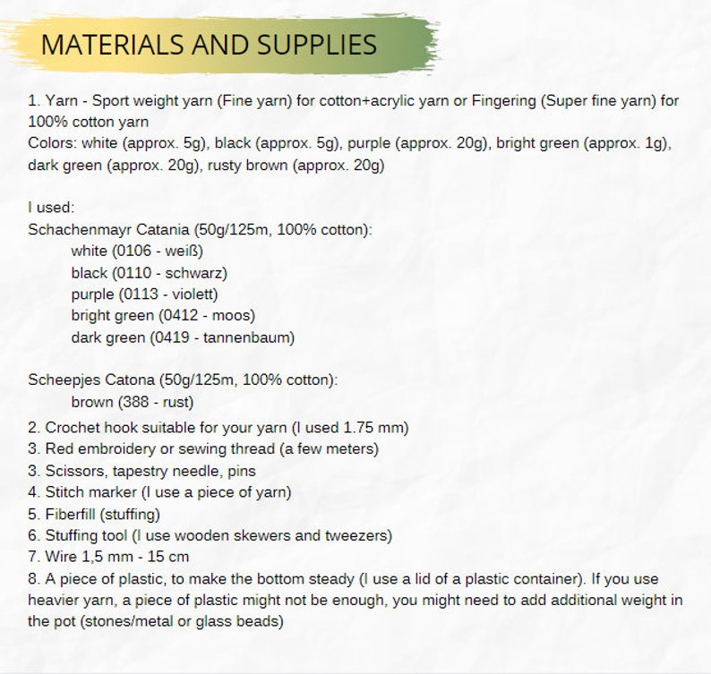 Puede incluir: Lista de materiales y suministros para un proyecto de crochet. La lista incluye hilo, gancho de crochet, hilo de bordar, tijeras, aguja de tapicer&iacute;a, alfileres, marcador de punto, relleno, herramienta de relleno, alambre y una pieza de pl&aacute;stico.