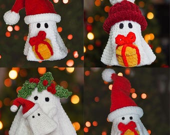 Crochet Christmas Ghost PATTERN, Amigurumi Ghost plushie with Santa hat, winter beanie and Holly headband, Crochet PDF pattern