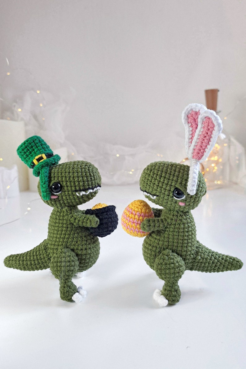 Crochet Dino PATTERN Set 2 in 1, Crochet Easter decor, St Patrick's Day PDF pattern image 1