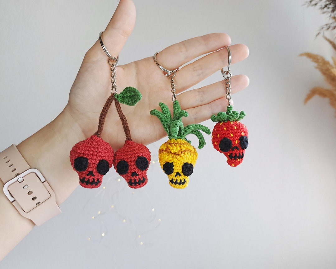 Crochet Fruit Skulls PATTERN 3 in 1, Amigurumi Halloween Keychain, Goth Skull Ornament 