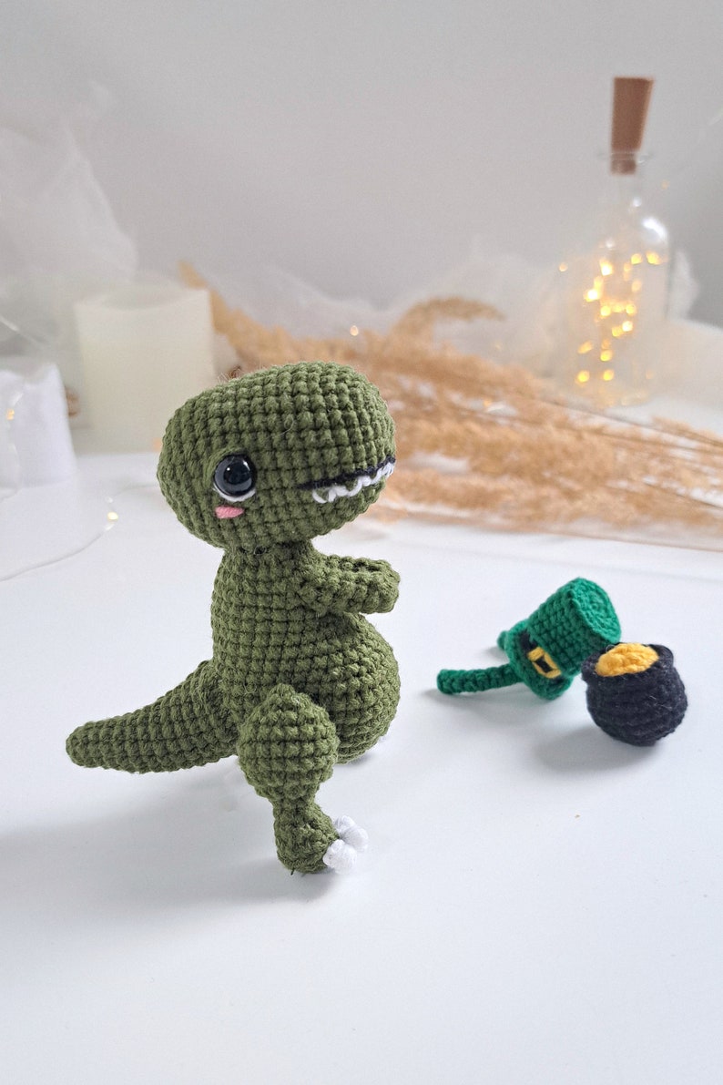 Crochet Dino PATTERN Set 2 in 1, Crochet Easter decor, St Patrick's Day PDF pattern image 9