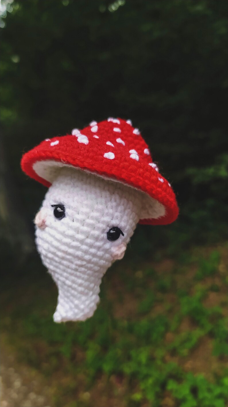 May include: A crocheted mushroom toy with a red and white cap and a white body. The mushroom has black eyes and a pink nose.