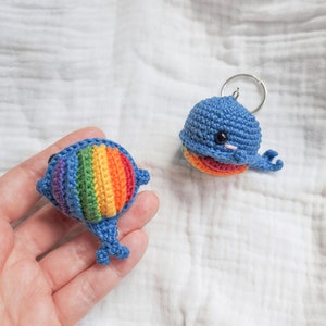 Crochet Rainbow Whale PATTERN, No-sew amigurumi pride plushie, whale keychain, car ornament PDF pattern
