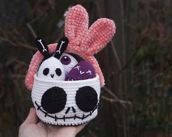 Crochet PATTERN Easter Basket, Goth Easter Eggs, Amigurumi Easter decor, crochet skull PDF pattern