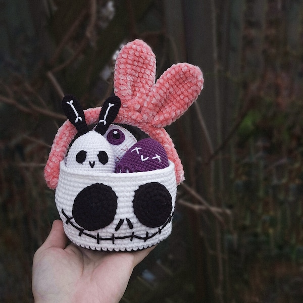 Crochet PATTERN Easter Basket, Goth Easter Eggs, Amigurumi Easter decor, crochet skull PDF pattern