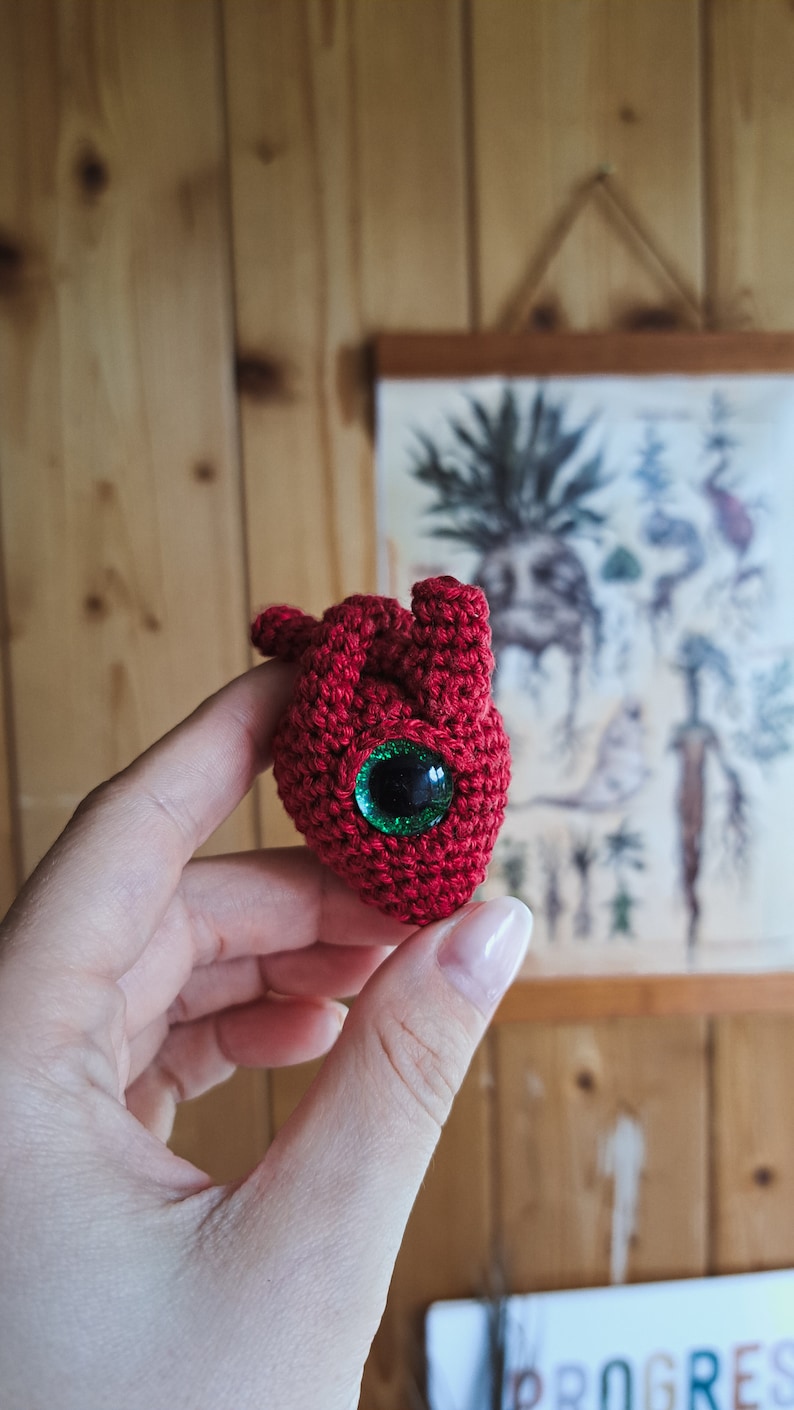 May include: A crocheted red heart with a green eye. The heart is being held in a hand.