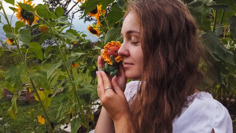 K&ouml;nnte beinhalten: Eine Frau mit langen braunen Haaren h&auml;lt ein geh&auml;keltes Sonnenblumenspielzeug in ihren H&auml;nden. Sie steht auf einem Sonnenblumenfeld.