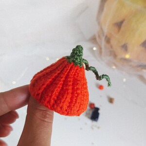 May include: A small, crocheted pumpkin with a green stem and vine. The pumpkin is orange and has a textured surface.