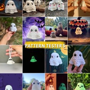 Puede incluir: Colecci&oacute;n de figuras de fantasmas de ganchillo hechas a mano en varios tama&ntilde;os y estilos. Los fantasmas son principalmente blancos con ojos negros y algunos tienen mejillas rosadas. Algunos brillan en la oscuridad. Perfecto para decoraciones de Halloween.