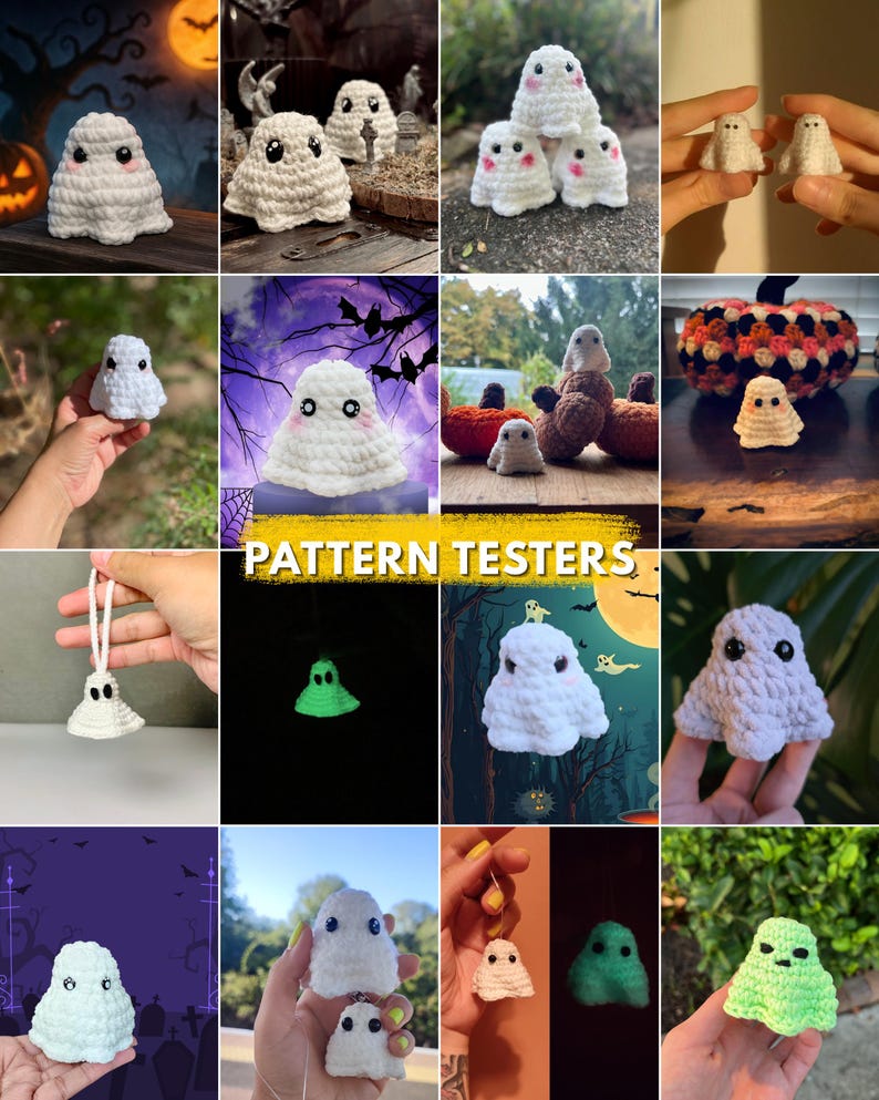 Puede incluir: Colecci&oacute;n de figuras de fantasmas de ganchillo hechas a mano en varios tama&ntilde;os y estilos. Los fantasmas son principalmente blancos con ojos negros y algunos tienen mejillas rosadas. Algunos brillan en la oscuridad. Perfecto para decoraciones de Halloween.