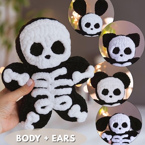 Pode incluir: Um peluche de esqueleto em croché preto e branco com um crânio e caixa torácica brancos num corpo preto. A imagem inclui quatro inserções circulares que mostram diferentes formas de orelhas, com o texto BODY + EARS.