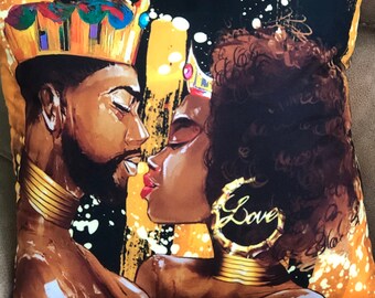 Black Love  GOLDEN COUPLE African King Queen Designer Accent Pillow