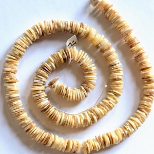May include: A coiled strand of small, flat, beige shell beads. The beads are strung together, forming a spiral shape. A small tag that says "made in Hong Kong" is attached to the strand.