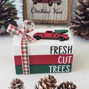 Christmas Mini Wood Book Stack/Fresh Cut Trees/ Vintage Farmhouse Red Truck/Tier Tray Decor/Original Design by BayCountry