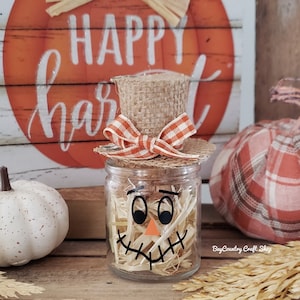 Mini Fall Scarecrow Jar/Straw/Fall Mums/Halloween/Tiered Tray Decor/Autumn/Farmhouse/Original Creator Of This Mini Scarecrow Jar Design