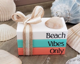 Beach Mini Book Stack/Beach Vibes Only/Seashell/Coral and Teal/Outer Banks/Tiered Tray Decor/A BayCountry Original Design