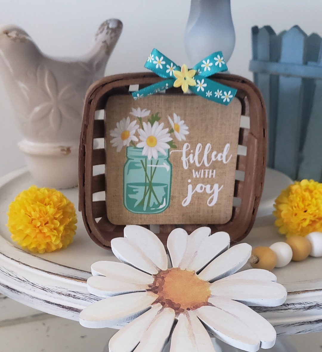 Spring Mini Tobacco Basket/ Filled With Joy/ Daisies/tiered Tray Decor