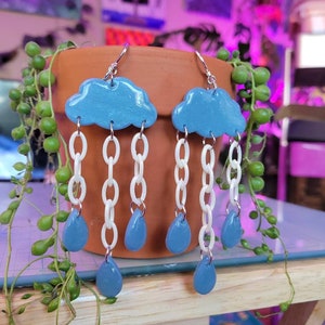 Thick Chain Rain Cloud Earrings - Polymer Clay Earrings - Cloud Earrings