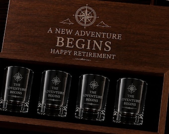 Retirement Gift for Him, Personalized Whiskey Shot Glass Set, Engraved Retirement Box, Custom Retirement Keepsake for Men