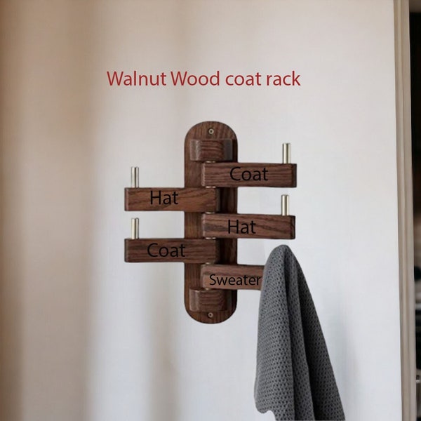 Walnut coat rack , Personalized coat rack , 5 Hook swivel coat rack