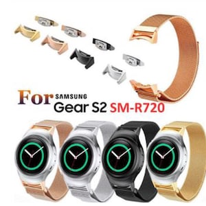 May include: A collection of Samsung Gear S2 SM-R720 smartwatches and replacement bands. The image shows watches with silver, black, and gold cases, paired with various metal mesh bands in gold, silver, and black. The text "For Samsung Gear S2 SM-R720" is visible.