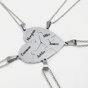 Personalized Family and Friends Name Puzzle Necklace 14kt Gold Plated Silver Necklace Custom Heart 5 Piece Puzzle Pendant Necklace - LLK