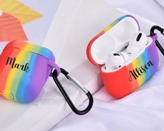 Rainbow Airpod caja llavero para Airpod 1/2 & Airpod Pro-Silicone grabado caso -Custom Airpod / Airpod Pro Case, Name Airpod /Pro Case-R1