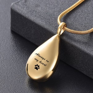 May include: A gold-colored teardrop pendant necklace. The pendant has the words "Always in my heart" and a paw print etched on the front. The necklace chain is a matching gold color.