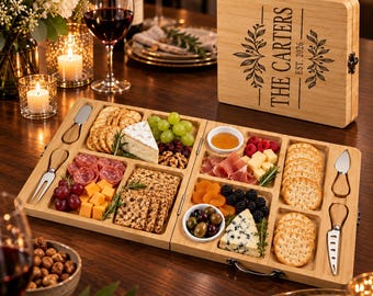 Personalized Folding Bamboo Charcuterie Board Set with Cheese Knives & Bowls