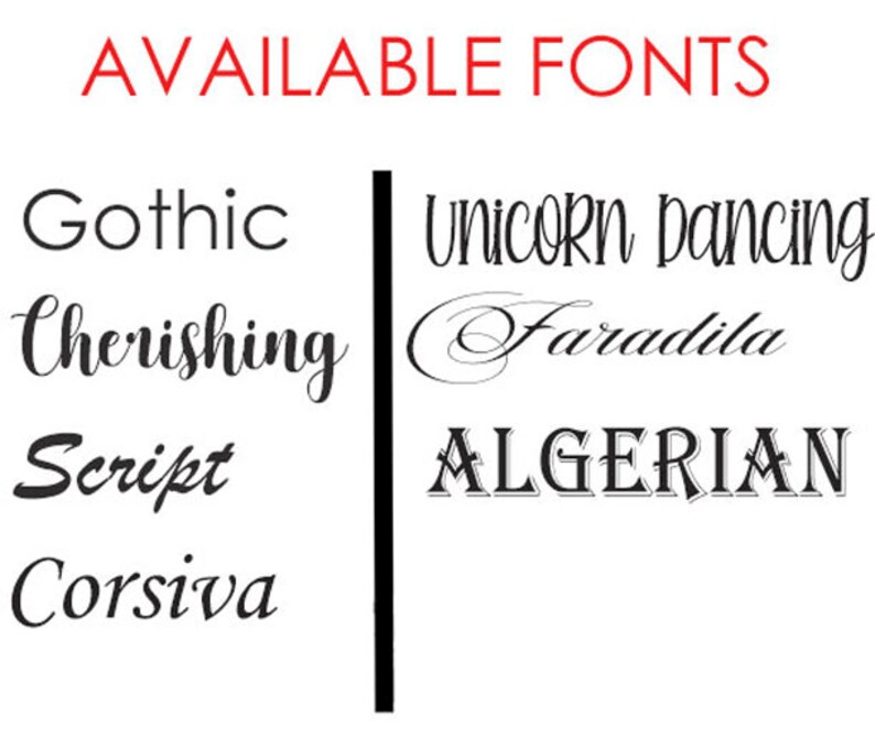 Puede incluir: Imagen que muestra una lista de fuentes disponibles. El texto "AVAILABLE FONTS" est&aacute; en rojo en la parte superior. Se muestran varios estilos de fuente, incluyendo "Gothic", "Cherishing", "Script", "Corsiva", "Unicorn Dancing", "Faradila" y "Algerian".