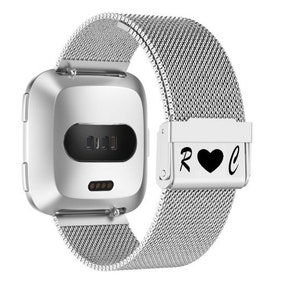 May include: A silver smartwatch with a mesh band. The watch face is rectangular with a black display. The band clasp features the letters "R" and "C" flanking a black heart symbol.