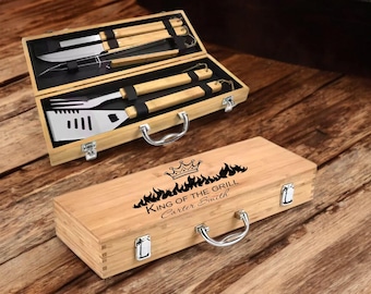Personalized 5-Piece Wooden BBQ Grill Set – Custom Engraved Barbecue Tools in Gift Box – Perfect for Dad, Husband, or Grill Master