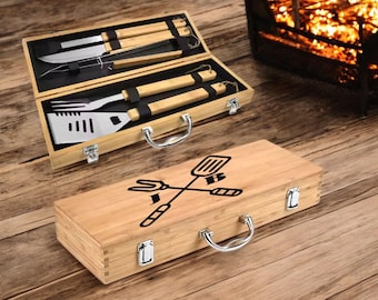 Monogrammed BBQ Grill Set – Custom Engraved Tools – Great Father’s Day or Birthday Gift for Him – Grill Master Approved