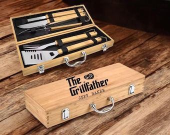 Engraved BBQ Set for Men – Custom Grill Tools in Wood Box – Gift for Husband, Dad, or Grill Master – Father’s Day Idea