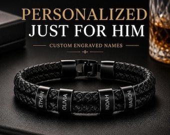 Personalized Braided Leather Bracelet, Custom Engraved Name Beads, Minimalist Style Keepsake