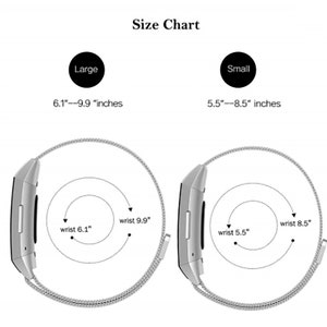 May include: Size chart for a watch strap showing two different sizes: Large (6.1" - 9.9" inches) and Small (5.5" - 8.5" inches). The chart shows the strap wrapped around a wrist with arrows indicating the measurement points.
