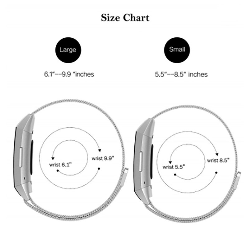 May include: Size chart for a watch strap showing two different sizes: Large (6.1" - 9.9" inches) and Small (5.5" - 8.5" inches). The chart shows the strap wrapped around a wrist with arrows indicating the measurement points.