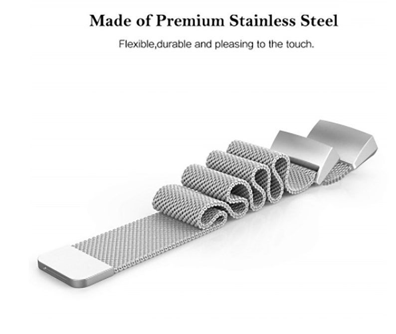 May include: A silver metal watch band with a mesh design. The band is flexible and durable, and it is made of premium stainless steel.