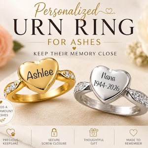 Personalized Urn Ring for Ashes, Memorial Ring, Cremation Jewelry, Sympathy Gift, Custom Heart Keepsake, In Memory Ring