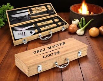 Personalized BBQ Tools – 5 Piece Grill Set with Custom Wooden Handles – Outdoor Cooking Gift for Dad, Him, Husband, Chef , Cook