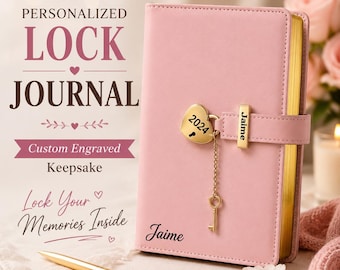 May include: A light pink journal featuring a heart-shaped gold lock engraved with 2024, a gold key on a chain, and a strap with the name Jaime. The cover is also engraved with the name Jaime, and the page edges are finished in a metallic gold color.