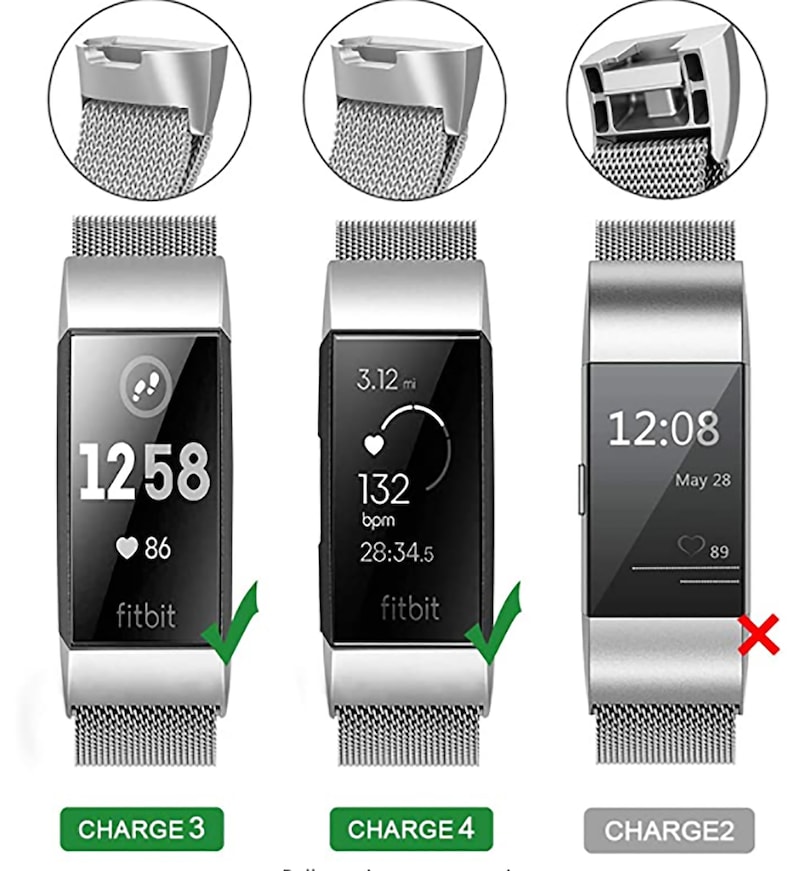 K&ouml;nnte beinhalten: Ein Vergleich von drei verschiedenen Fitbit-Armb&auml;ndern. Die Armb&auml;nder sind alle aus silbernem Metallgeflecht und haben einen magnetischen Verschluss. Das erste Armband ist mit dem Charge 3 kompatibel, das zweite Armband mit dem Charge 4 und das dritte Armband mit dem Charge 2.