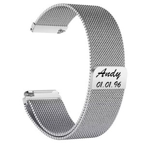 May include: A silver-colored watch band with a mesh design. The band has a rectangular plate with the name "Andy" and the date "01.01.96" engraved on it. The band is designed to attach to a watch.